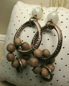 Vintage Bohemian Gamine Copper White Stone Wood Bead Ring Dangle Hook Earrings