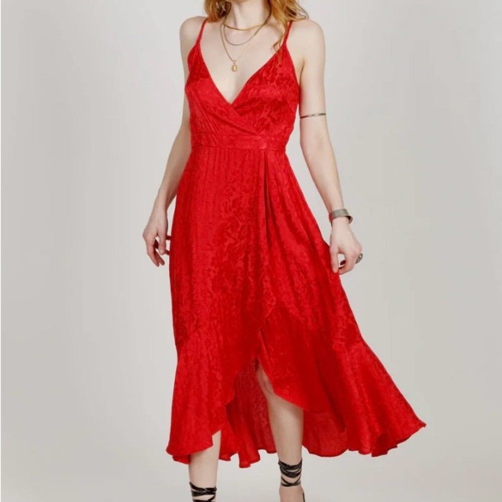 Band of the Free Red Floral Jacquard Maxi Dress Sleeveless High-Low Tie Back S