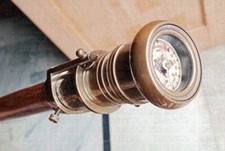 Antique Brass Engraved Telescope Handle Compass On Top Wooden Walking Stick Cane