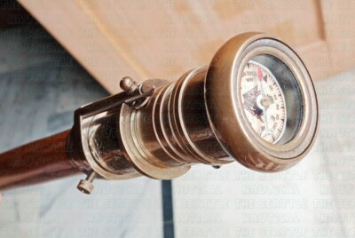 Antique Brass Engraved Telescope Handle Compass On Top Wooden Walking Stick Cane