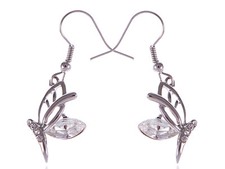 Silver Tone Half Flying Butterfly Clear CrystalWings Dangle Fish Hook Earrings