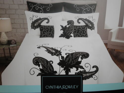 Cynthia Rowley Embroidery Applique Full/Queen Duvet  Set - Black/White Paisley - Afbeelding 1 van 12