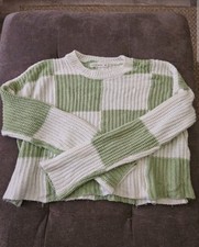 White Green Checkered Moon Madison Cropped Sweater Womens Size Medium