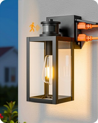 Porch Lights with GFCI Outlet, 12'' H Dusk to Dawn Modern Outdoor Wall Light