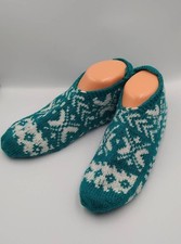 Handmade Wool Slipper Socks Teal White Nordic Pattern Low-Cut Cozy Knit Size 7