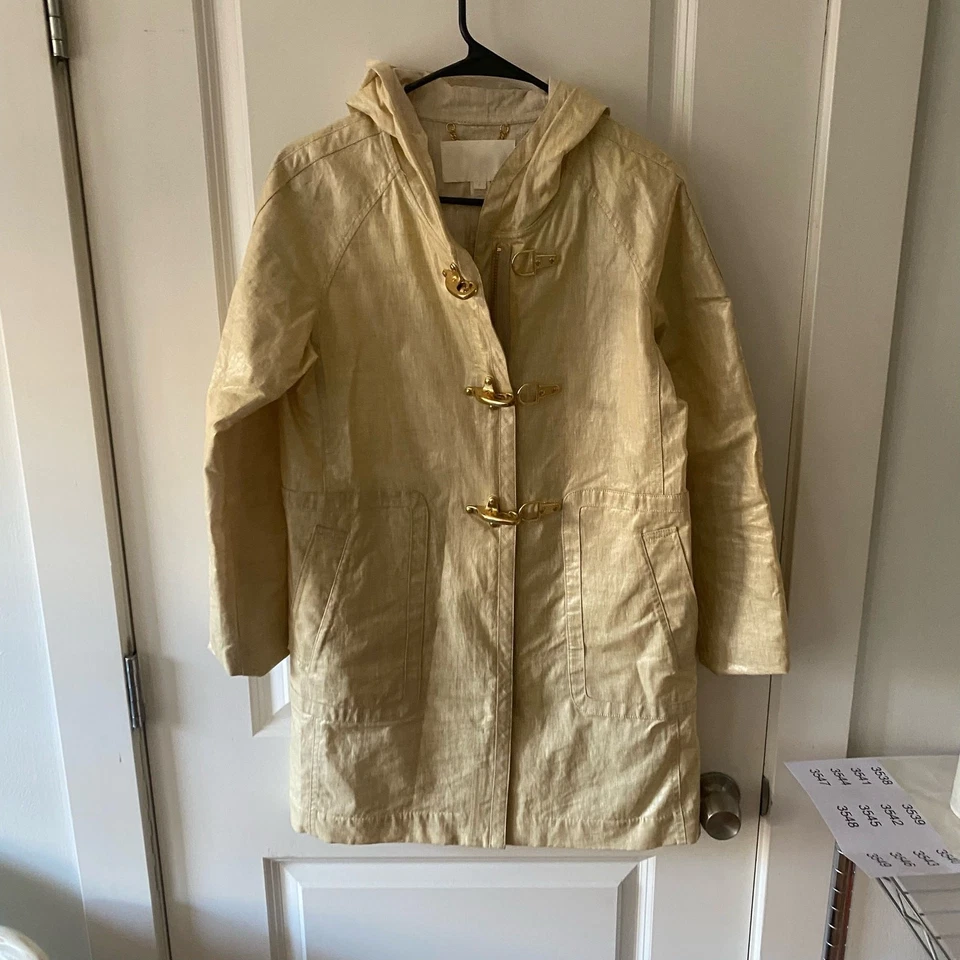 J.Crew Collection Women Metallic Gold Linen Slicker Rain Coat Jacket Hooded Sz 0 - Image 3 of 4