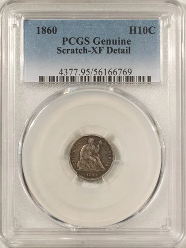1860 SEATED LIBERTY HALF DIME – PCGS GENUINE XF DETAILS, SCRATCH!