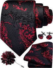Red Black Tie Set for Men Silk Paisley Necktie Pocket Square Cufflinks and La...