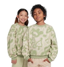 Nike Boys Green Beige Geometric Pullover Fleece Crew Neck Long Sleeve Sweatshirt