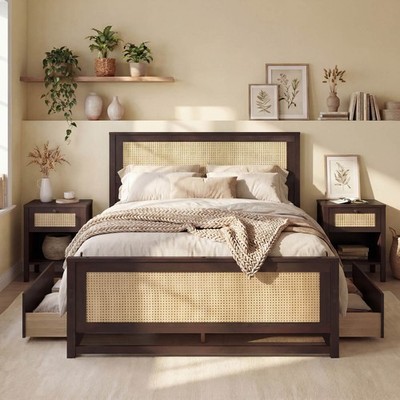Full Size Rattan Bed Frame w/Headboard, Boho Platform Bed w/2 Storage Drawers