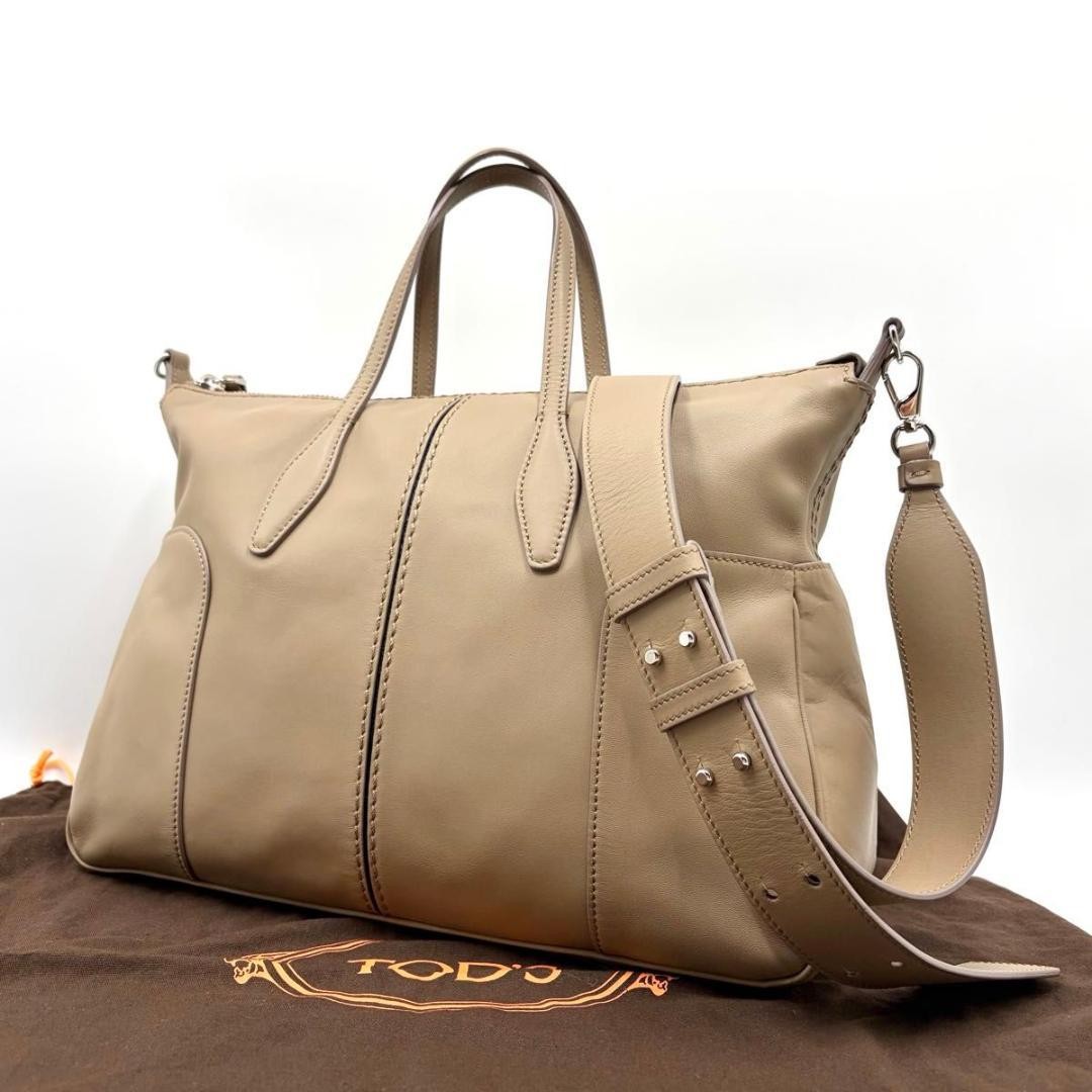 Tod's 2way Beige Leather Tote Bag Detachable Shoulder Strap Top Handle Authentic