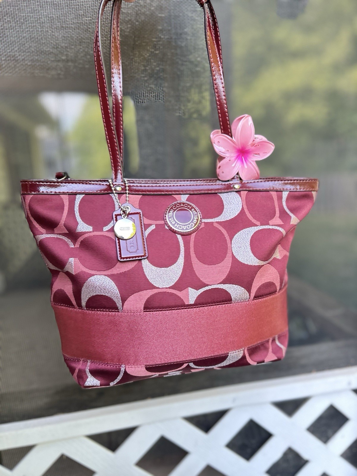 Coach Burgundy Signature Stripe Tote Bag