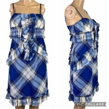 MM Couture by Miss Me Womens Mini Dress Plaid Raw Ruffled Hem Blue Medium