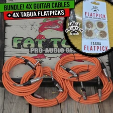 FAT TOAD 20FT Guitar Cables 4 Pack with 4x BLACK MOUNTAIN Tagua Guitar Picks