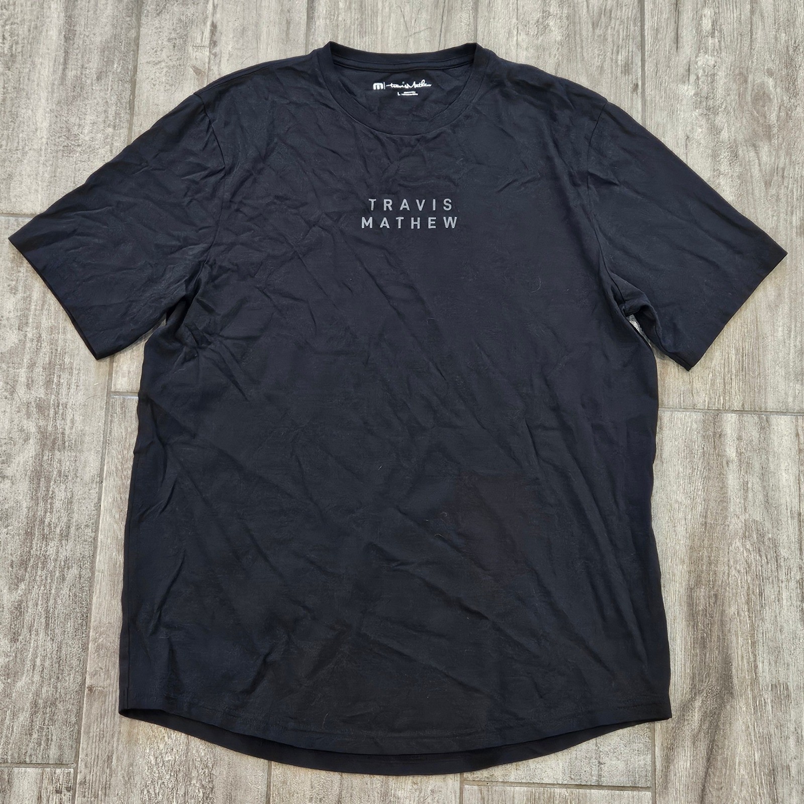 TravisMathew Mens Black Graphic Logo T-Shirt Size L Short Sleeve Crew Neck