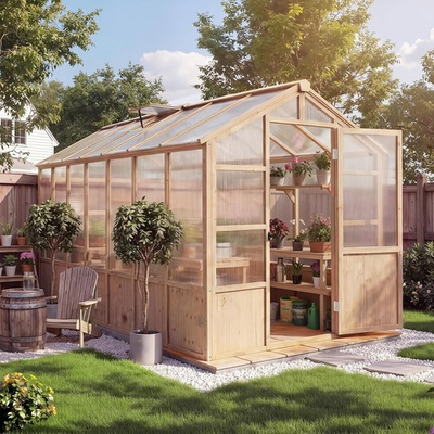 #ad 8x14 FT Walk in Wooden Greenhouse Wood Frame Green House with Lockable Door $950.99