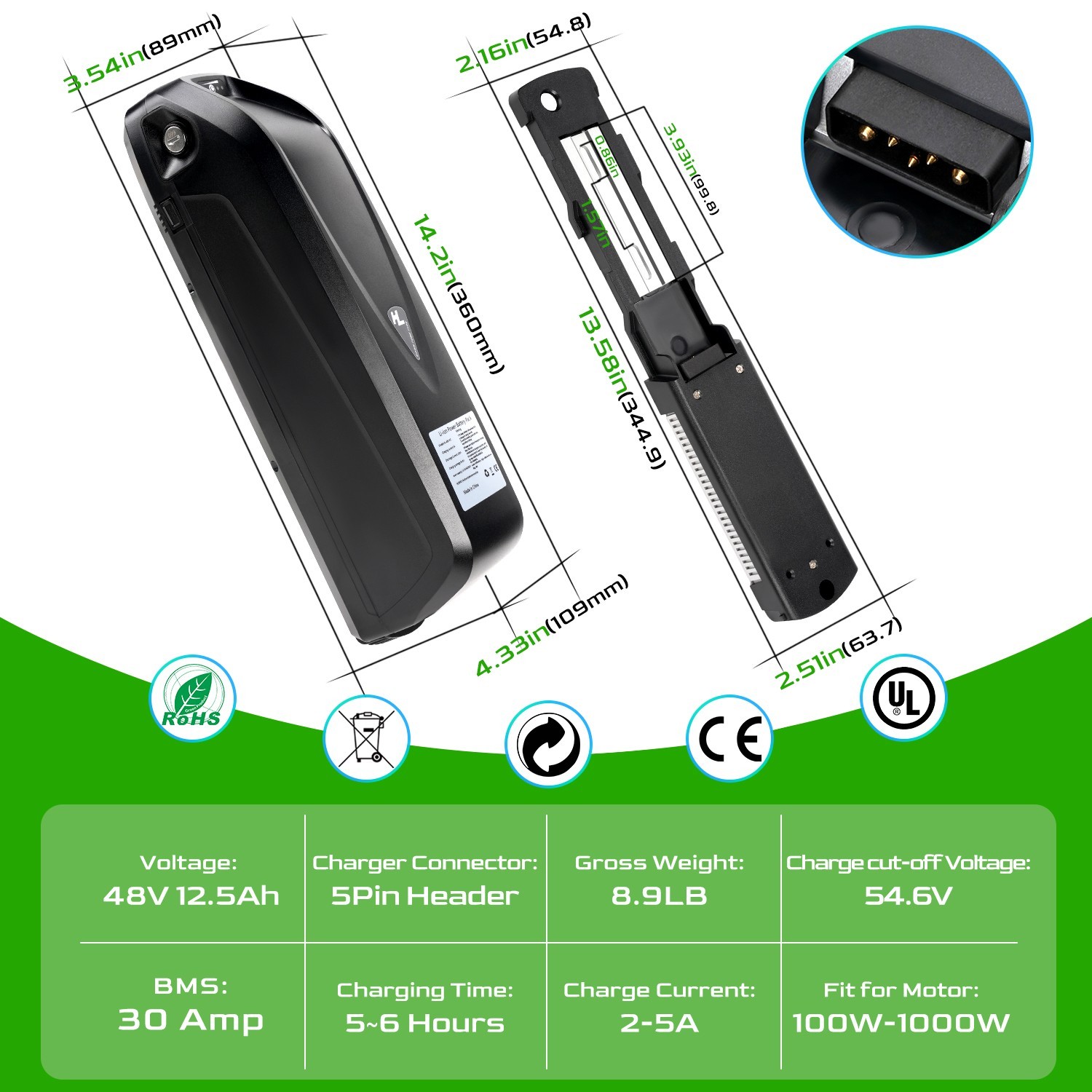 48V Hailong Lithium Ebike Battery 48V 12.5Ah Electric Bike Battery For 200-1000W