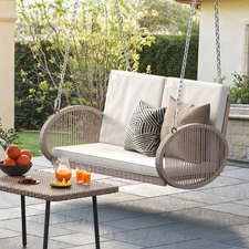 Hanging Porch Swing Chair Sits 2 People Patio Swing Lounge Chair&2 Back Cushions