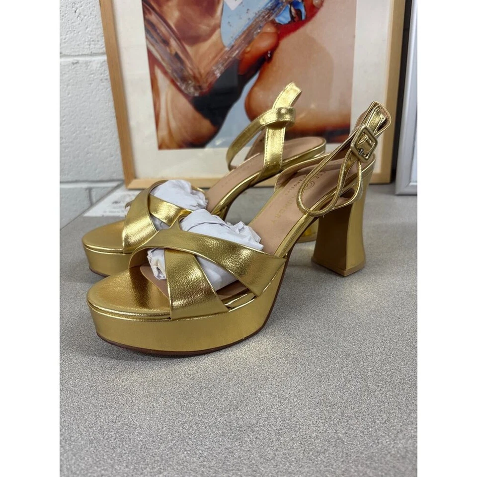 NIB Chinese Laundry Größe 8.5 Theena Metallic Gold Plateausandaletten Aus Leder - Bild 4 von 4