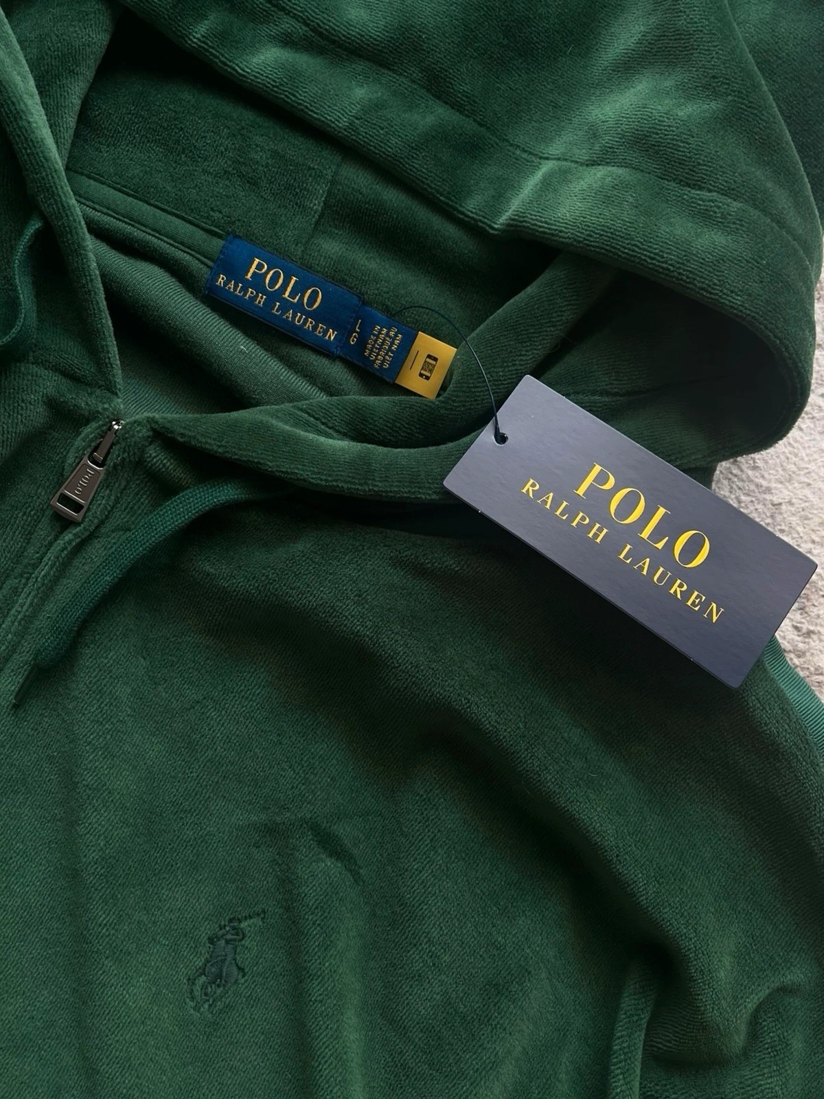 Polo Ralph Lauren felpa con cappuccio zip taglia L velluto cotone verde scuro piccolo pony
