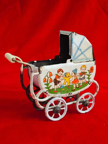 Landau Poussette Miniature Ancien En Tôle Lithographiée - Poupée Dinette