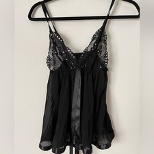 Hot black sheer sequin decorated lingerie, front ties, elastic, lace hemline, S