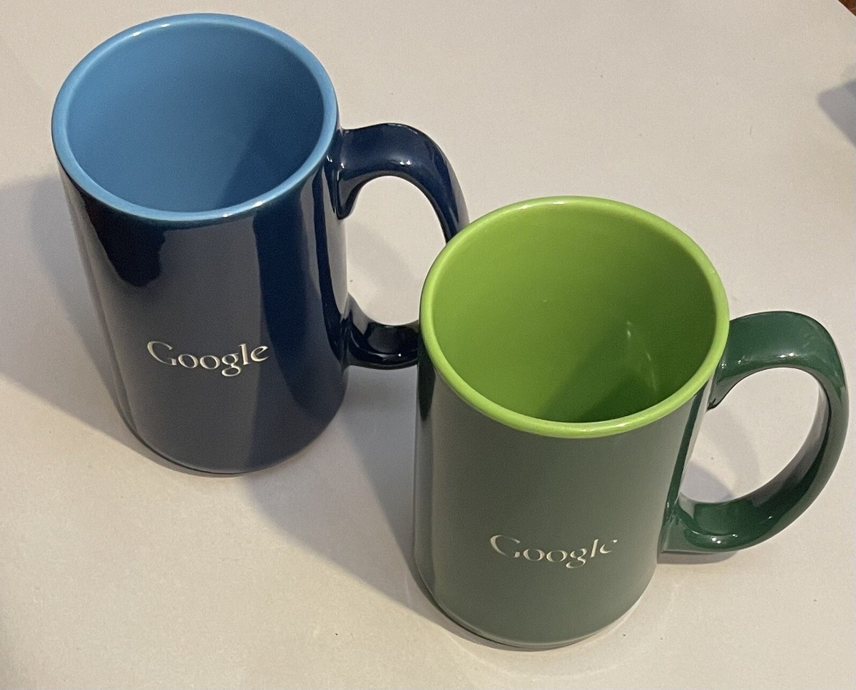 2 Google Coffee Mugs Cups Dark Blue/Green Exterior Light Blue