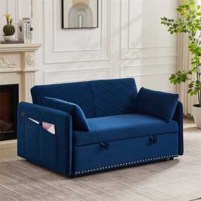 3 in 1 Convertible Sofa Bed,Pull Out Sleep Sofa Bed w/USB Port & 2 Pillows-Blue