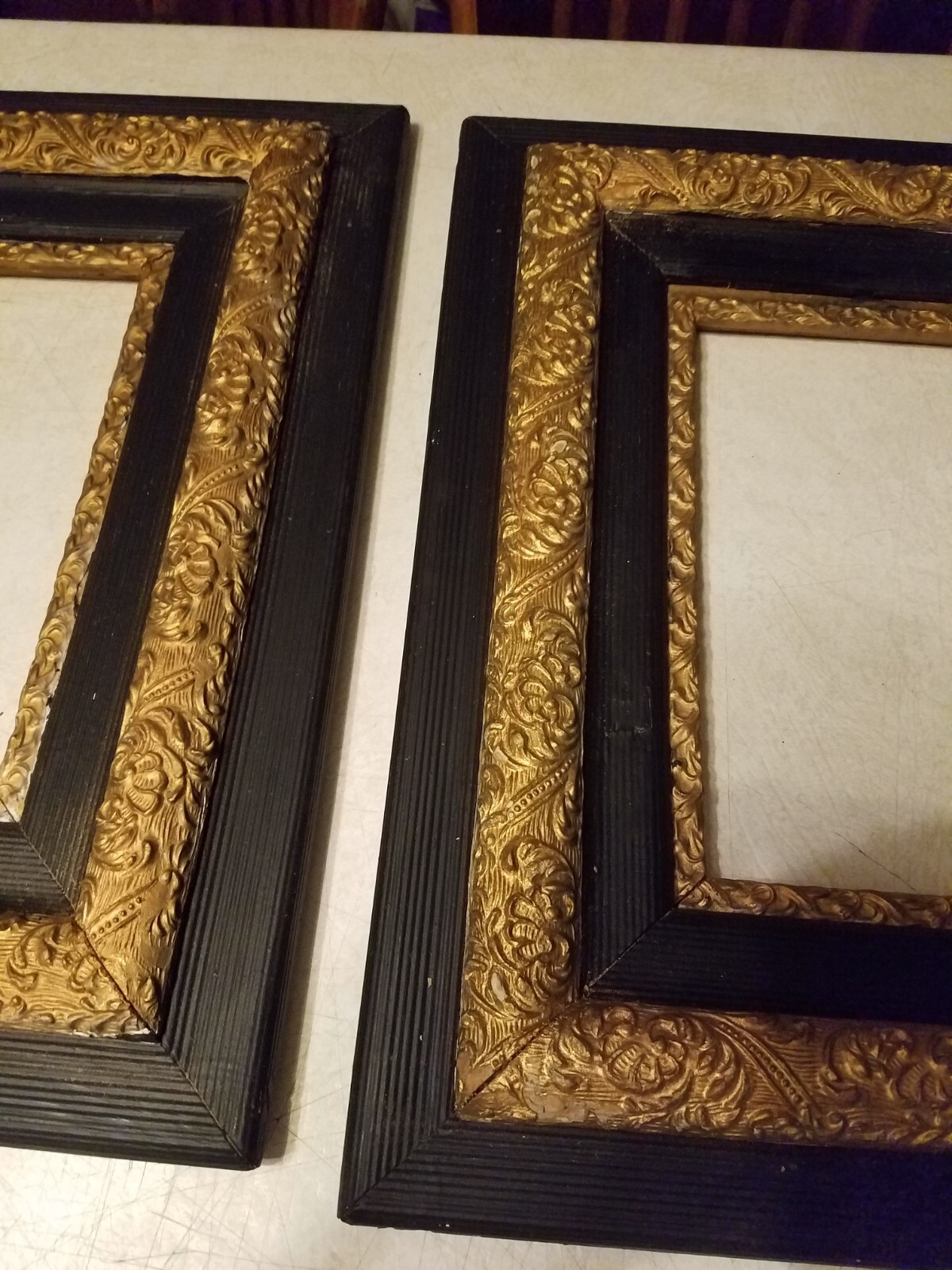 MATCHING PAIR { 2 } WOOD GESSO GILDED PLASTER GOLD & BLACK PICTURE