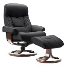 Fjords Muldal Large Recliner Chair  Ottoman - Black Leather - Walnut Wood Stain
