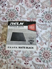RELN - 4” x 4”  Matte Black Square Shower Drain with Square Pattern Drain Cover