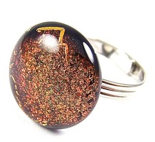 DICHROIC Glass Cocktail RING Adjustable Orange Copper Rust 3/4" 20mm Round Dot