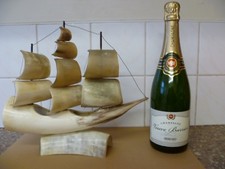 AN ANTIQUE, FRENCH, GENUINE COW HORN MODEL OF A SAILING SHIP. COW HORN GALLEON