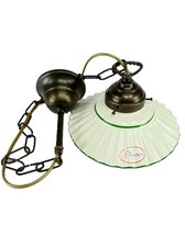 Lampadario ottone brunito stile liberty,stelo a catenella piatto ceramica l1046