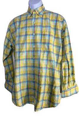 Peter Millar Shirt Men's Size Medium Yellow Blue Plaid Linen Cotton Button Down