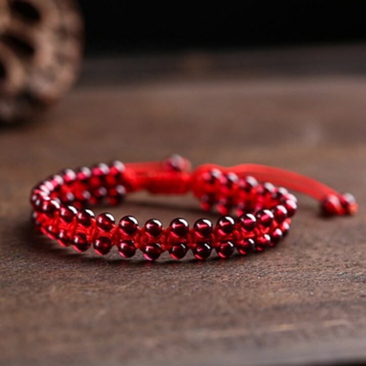 Red Ankle Bracelet Garnet Natural Stone Braided Foot Chain Handmade Jewelry Gift