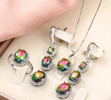 Multicolor Synthetic Zirconia Four Piece Ring Earring Necklace, Fashionable