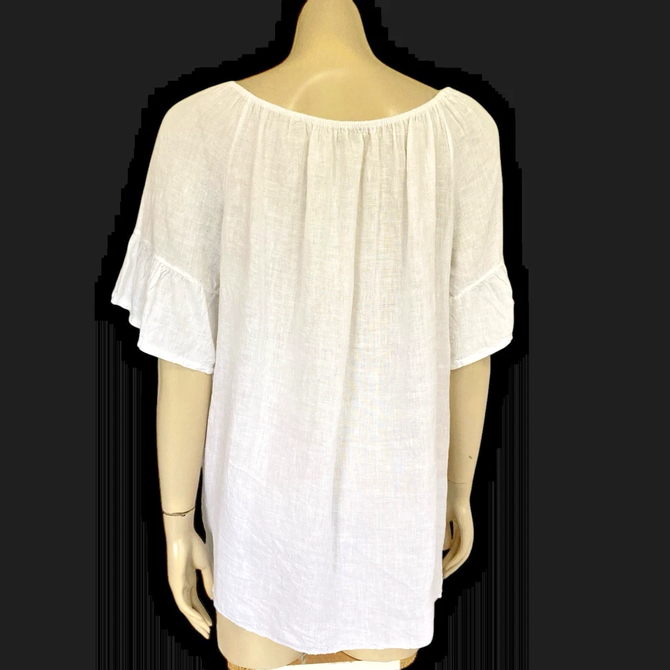 Lungo L'arno Italy Tunic Top Sz L 14-16 Linen Elbow Ruffle Sleeve RelaxFit White - image 4 of 4