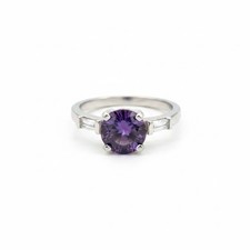 Silver Tone Round Purple Amethyst Solitaire Cocktail Ring Prong Set CZ Sides