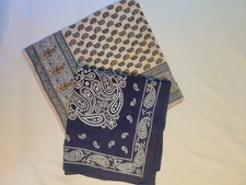 Pr Scarves Bandana Color Fast 100% Cotton RN 13962 Paisley Navy White & Paisley