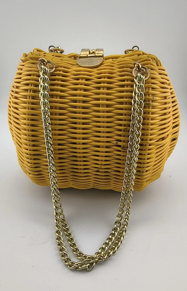 ВИНТАЖНЫЙ ГОРЧИЧНЫЙ ЖЕЛТЫЙ ЖЕЛЕ ПЛЕТЕНАЯ ЦЕПОЧКА СУМКА СУМКА СДЕЛАНО В ГОНКОНГЕ - Изображение 3 из 4