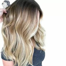 Human Hair New Women's Long Natural Brown Mix Blond  Wavy Wig 20 Inch