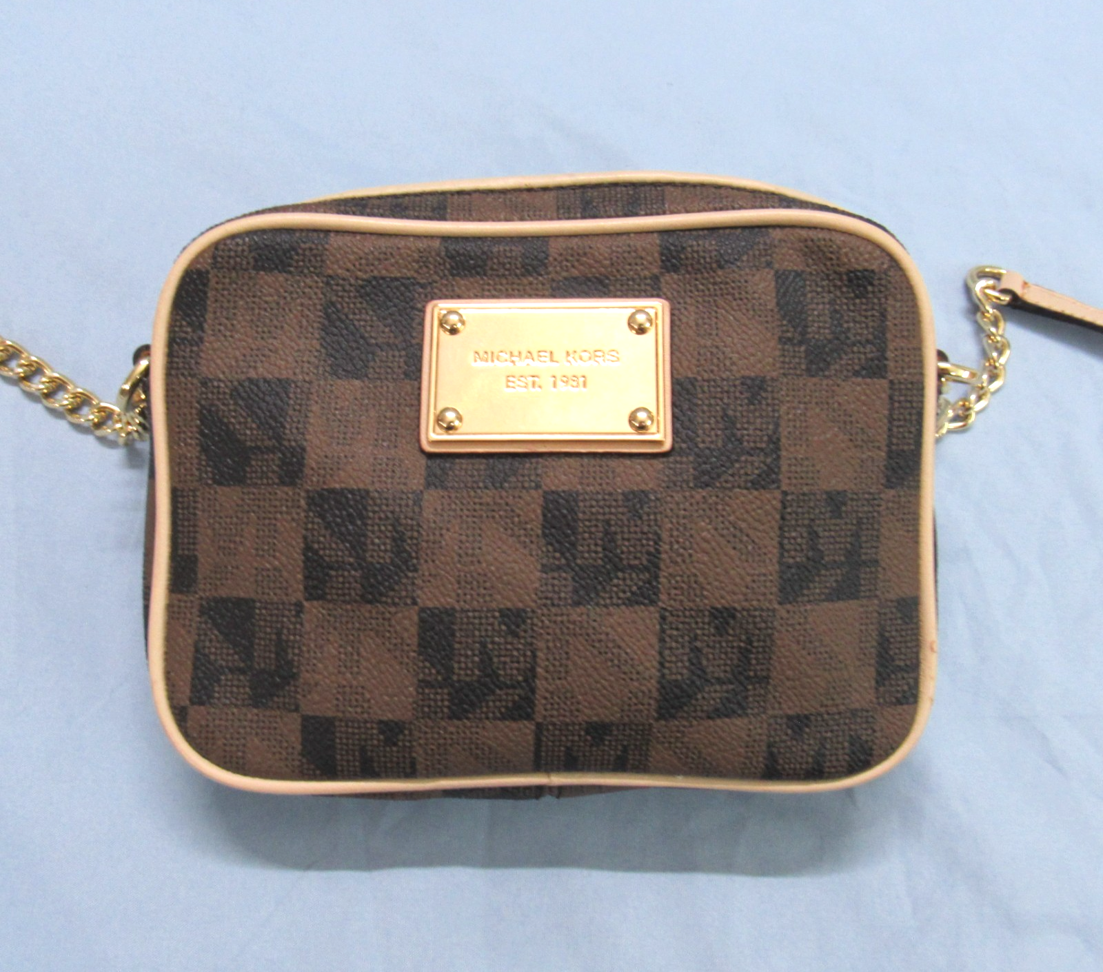 MICHAEL KORS Mini Jet Set Crossbody Bag Purse BROWN SIGNATURE LOGO Checkered