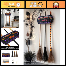 Halloween Broom Parking Sign with 3 Wooden Witches Brooms Hocus Pocus Decor, I
