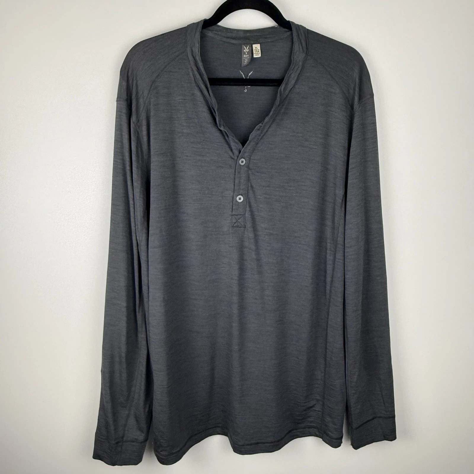 Ibex Zque Merino Wool Henley Shirt Mens XL Charcoal Gray LS Baselayer *Flaws