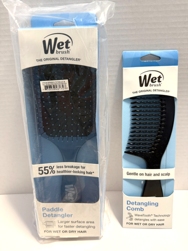WET Brush Paddle Detangler (Blue) & Detangling Comb (Black) Combo Set of 2 NEW - Picture 1 of 6