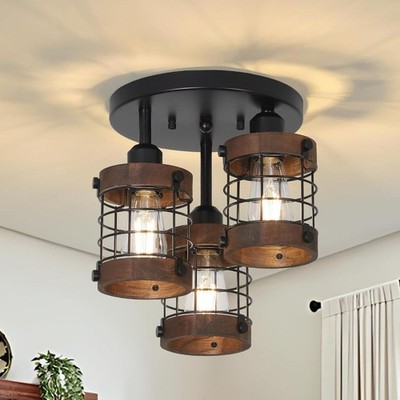 Farmhouse 3 Light Semi Flush Ceiling Light Black Brown Metal Open Cage Design