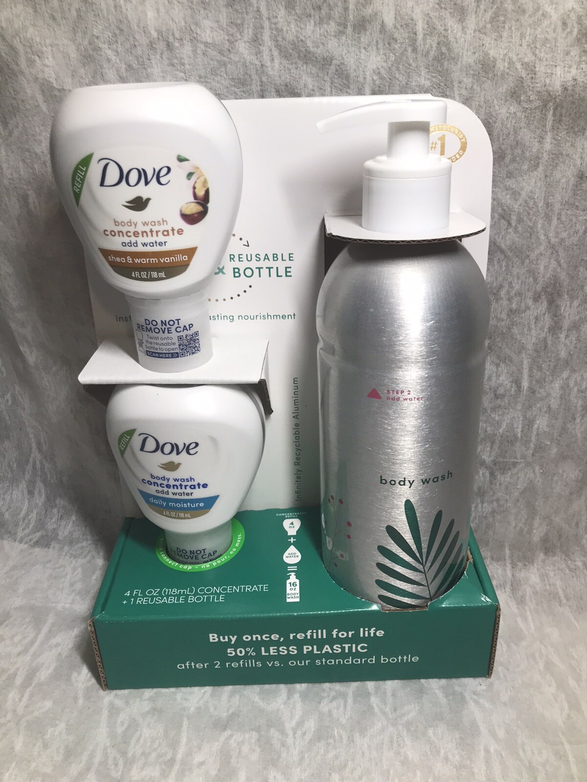 Dove Body Wash Concentrate & Reusable Bottle Bundle 1 Bottle & 2