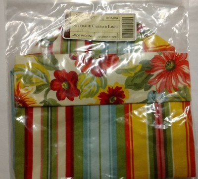 Longaberger Sunflower Stripe Fabric Wine Bag Beverage Tote liner MINT FREE SHIP!