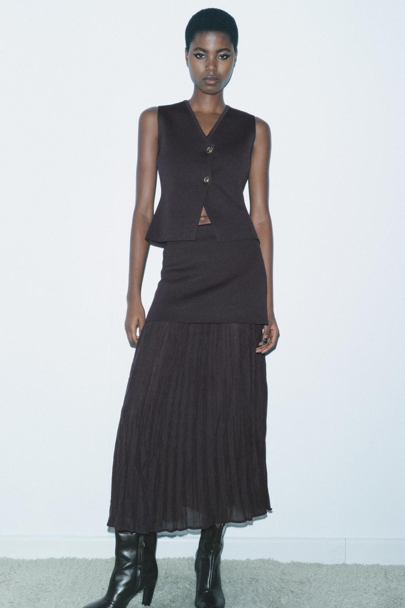 ZARA NEW SET OF BUTTONED VEST & MIXED PLEATED KNIT SKIRT BROWN S,M
